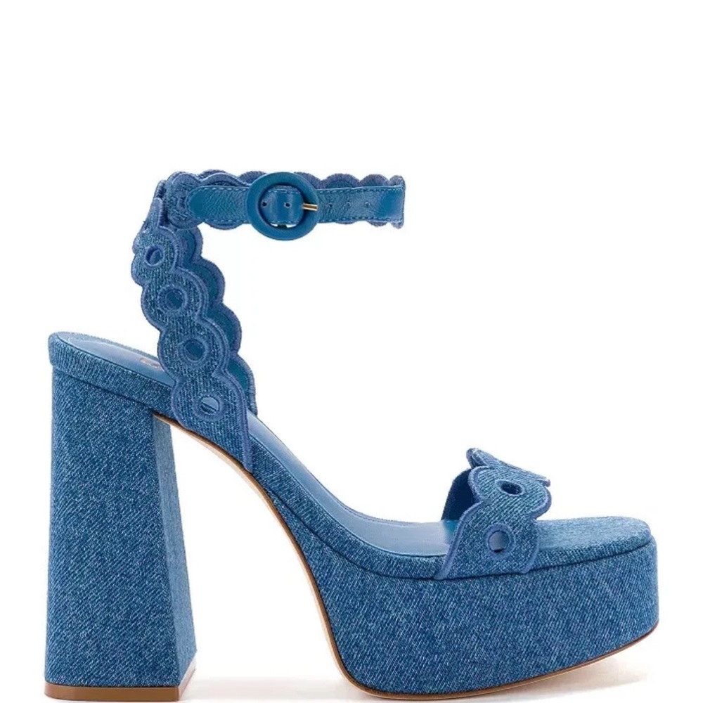 Larroude Dolly Broderier Slip On Sandal 9 Stone Blue 2.56" Heel Upper Leather